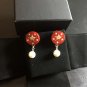 CHANEL Red Acrylic Gold Star CC Stud Pearl Dangle Earrings Authentic NIB