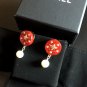 CHANEL Red Acrylic Gold Star CC Stud Pearl Dangle Earrings Authentic NIB