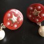 CHANEL Red Acrylic Gold Star CC Stud Pearl Dangle Earrings Authentic NIB