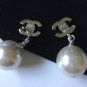 CHANEL CC Silver Metal MINI Crystal Stud Pearl Dangle Earrings Classic NIB