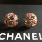 CHANEL CC Red Pink Crystal Stud Earrings Gold Sphere Hallmark Authentic NIB
