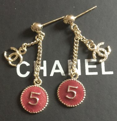 CHANEL Gold Stud No 5 Red enamel CC Metal Chain Dangle Drop Earrings