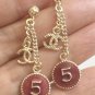 CHANEL Gold Stud No 5 Red enamel CC Metal Chain Dangle Drop Earrings