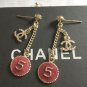 CHANEL Gold Stud No 5 Red enamel CC Metal Chain Dangle Drop Earrings