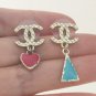 CHANEL Gold Pattern CC Stud Blue/Red enamel Metal Small Dangle Drop Earrings