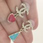 CHANEL Gold Pattern CC Stud Blue/Red enamel Metal Small Dangle Drop Earrings