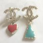 CHANEL Gold Pattern CC Stud Blue/Red enamel Metal Small Dangle Drop Earrings