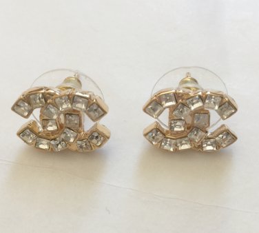 CHANEL Gold CC Stud Earrings Crystal Square Small Authentic NIB