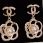CHANEL Camellia GOLD CC Metal Stud Pearl Crystal Dangle Earrings NIB