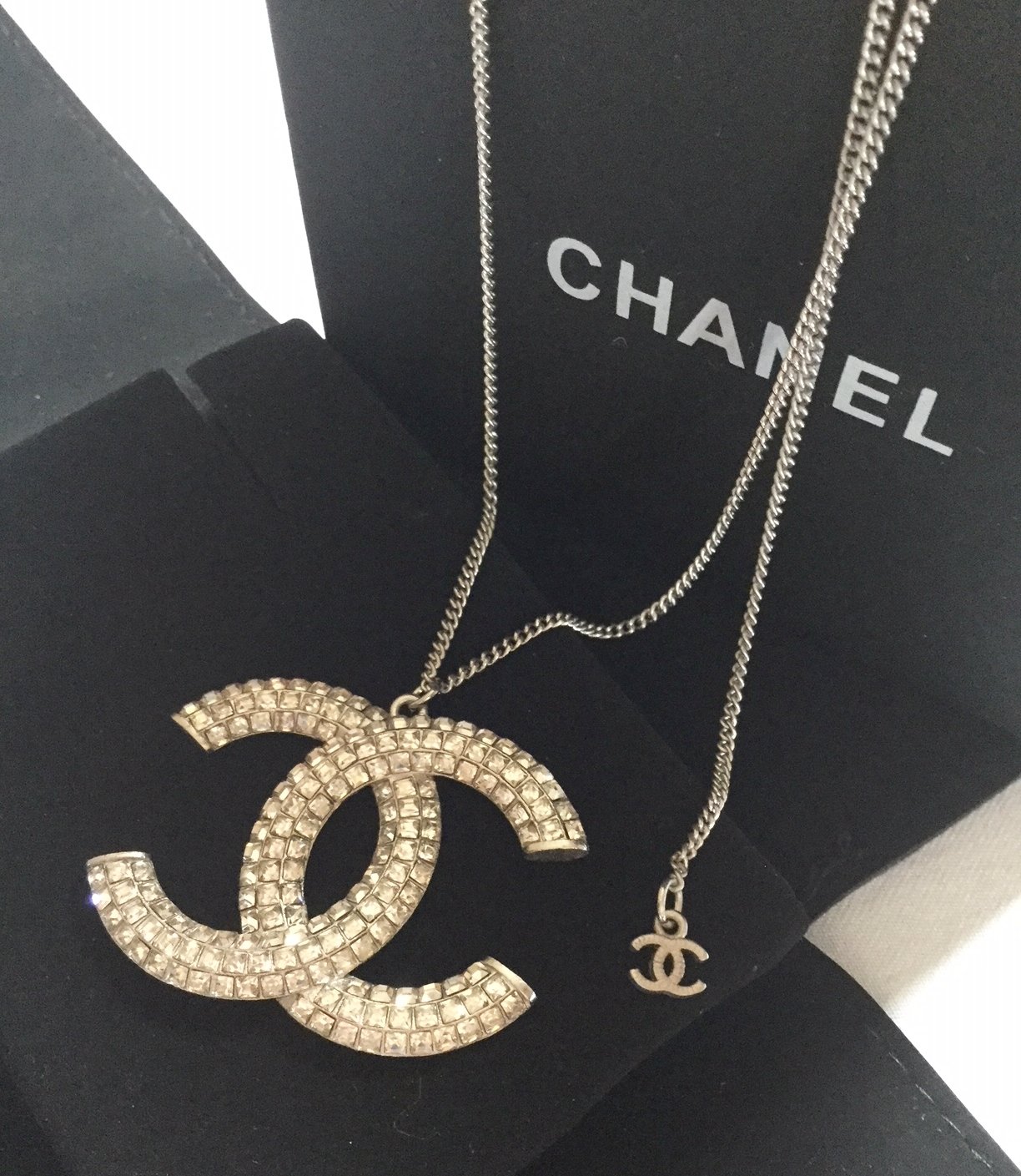 CHANEL Crystal Baguette CC Big Pendant Silver Chain Necklace