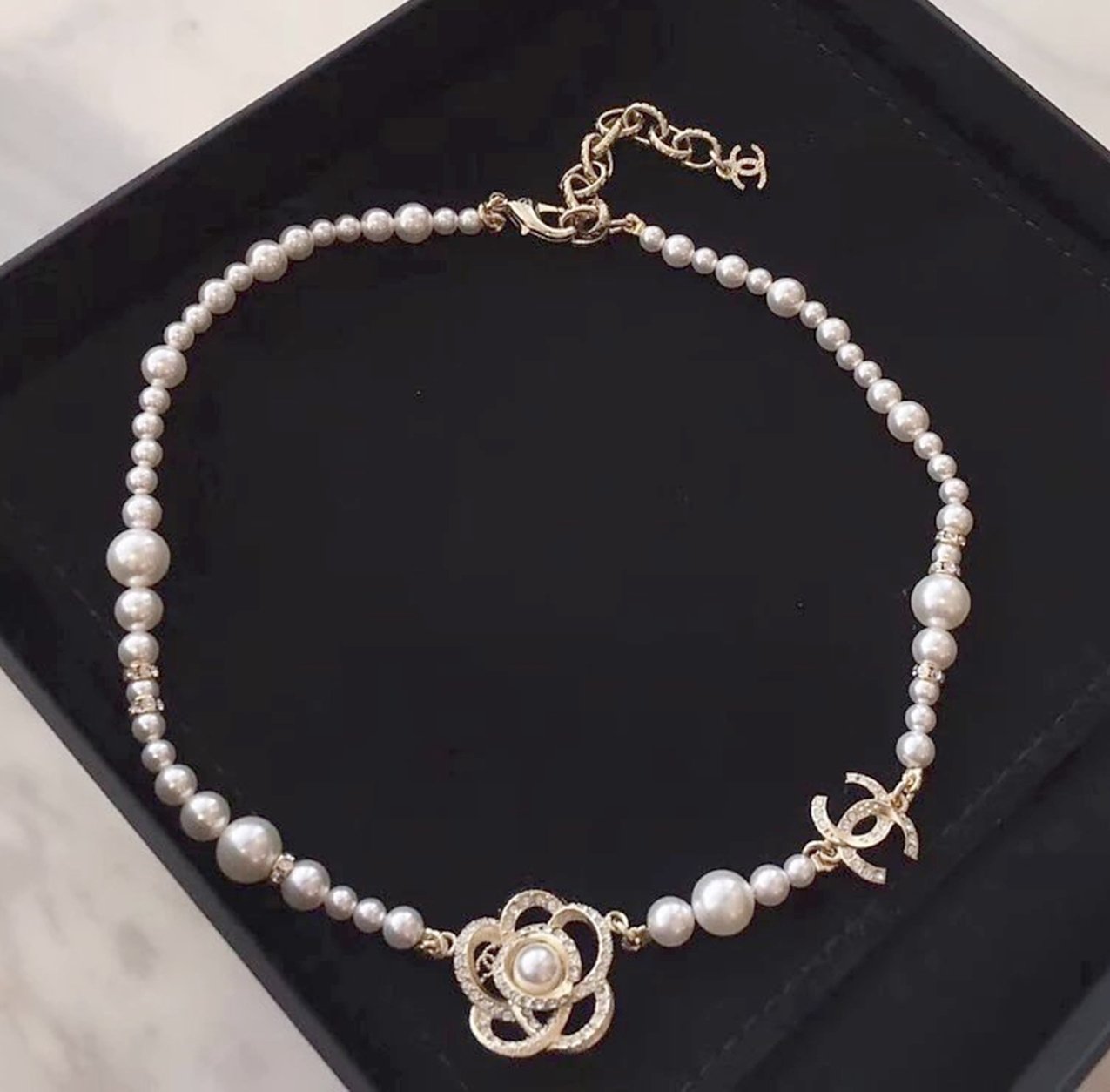 CHANEL Pearl Crystal Camellia CC Necklace Gold 69278