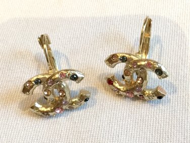 CHANEL Byzantine Gold Earrings Multi Color Rhinestone  Lever Back NIB
