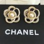 CHANEL Camellia CC Stud Pearl Crystal Earrings Gold Metal Flower NIB