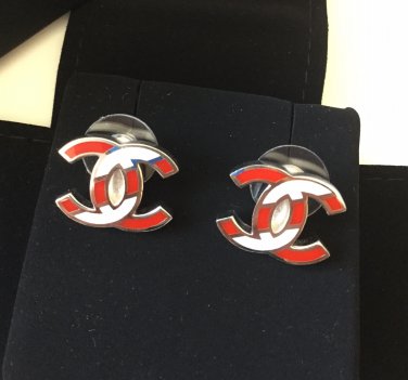CHANEL CC Silver Stud Earrings Red White Stripe Simple Basic Authentic NIB