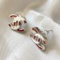 CHANEL CC Silver Stud Earrings Red White Stripe Simple Basic Authentic NIB