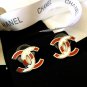 CHANEL CC Silver Stud Earrings Red White Stripe Simple Basic Authentic NIB