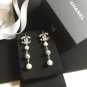 CHANEL Black Crystal Pearl Dangle Lever Back Silver Earrings Long NIB