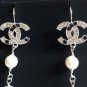 CHANEL Black Crystal Pearl Dangle Lever Back Silver Earrings Long NIB