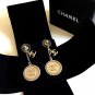 CHANEL Gold Small Stud Medal CC Dangle Drop Earrings Long Style NIB