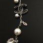 CHANEL Black Crystal Baguette CC Silver Tear Drop Chain Pearl Necklace RARE