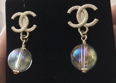 CHANEL Gold Metal CC Stud Iridescent Glass Bead Dangle Earrings NIB