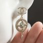 CHANEL CC Stud Earrings Gold Chain Dangle Blue Glass Bead 2017 NIB