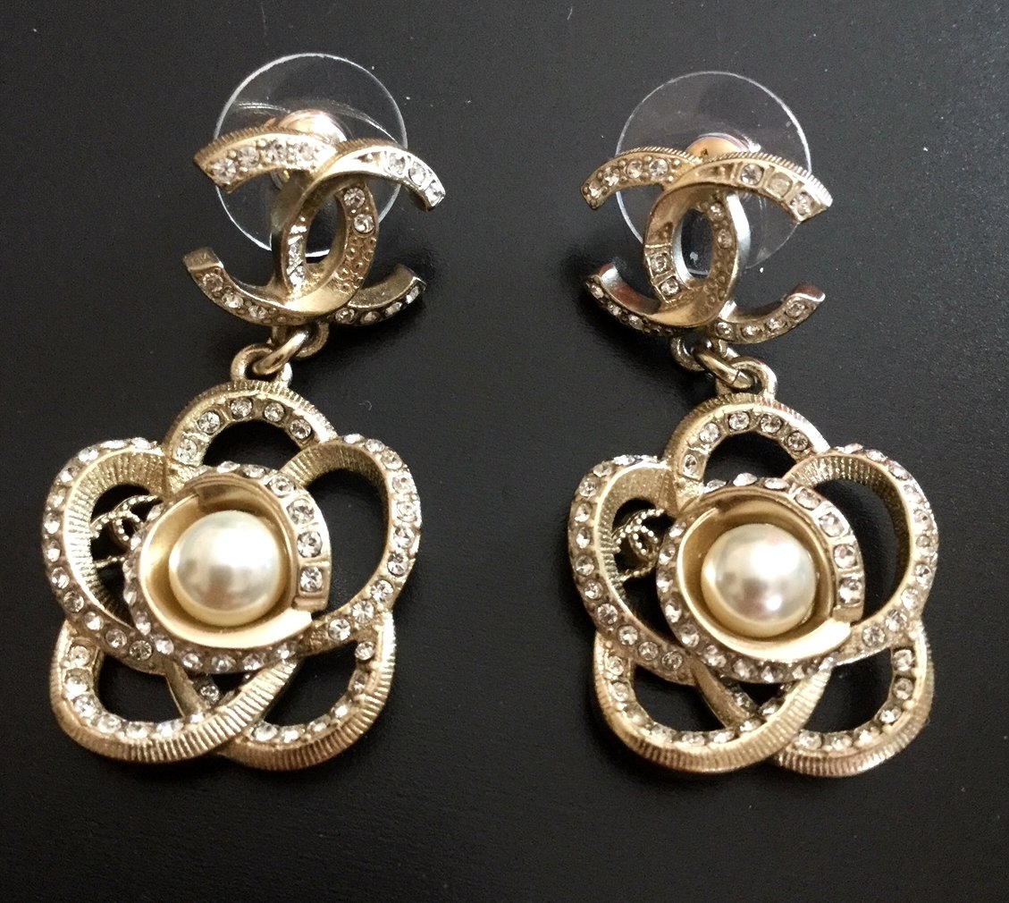 Chanel Camellia Gold CC Metal Stud Dangle Earrings