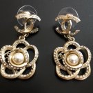 CHANEL Camellia GOLD CC Metal Stud Pearl Crystal Dangle Earrings NIB