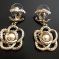 CHANEL Camellia GOLD CC Metal Stud Pearl Crystal Dangle Earrings NIB