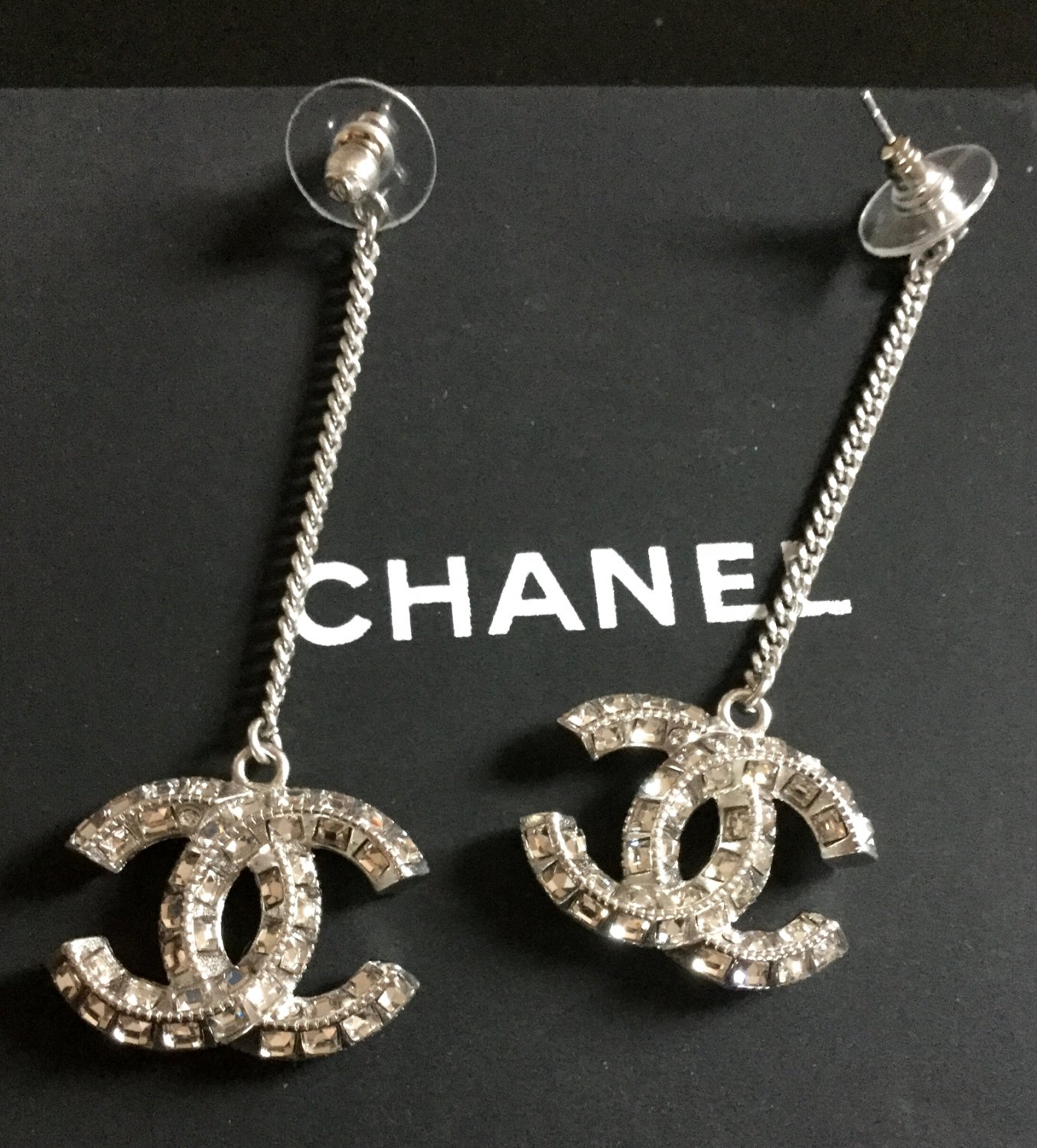 CHANEL Silver Crystal Baguette Dangle Chain Link Earrings CC HALLMARK
