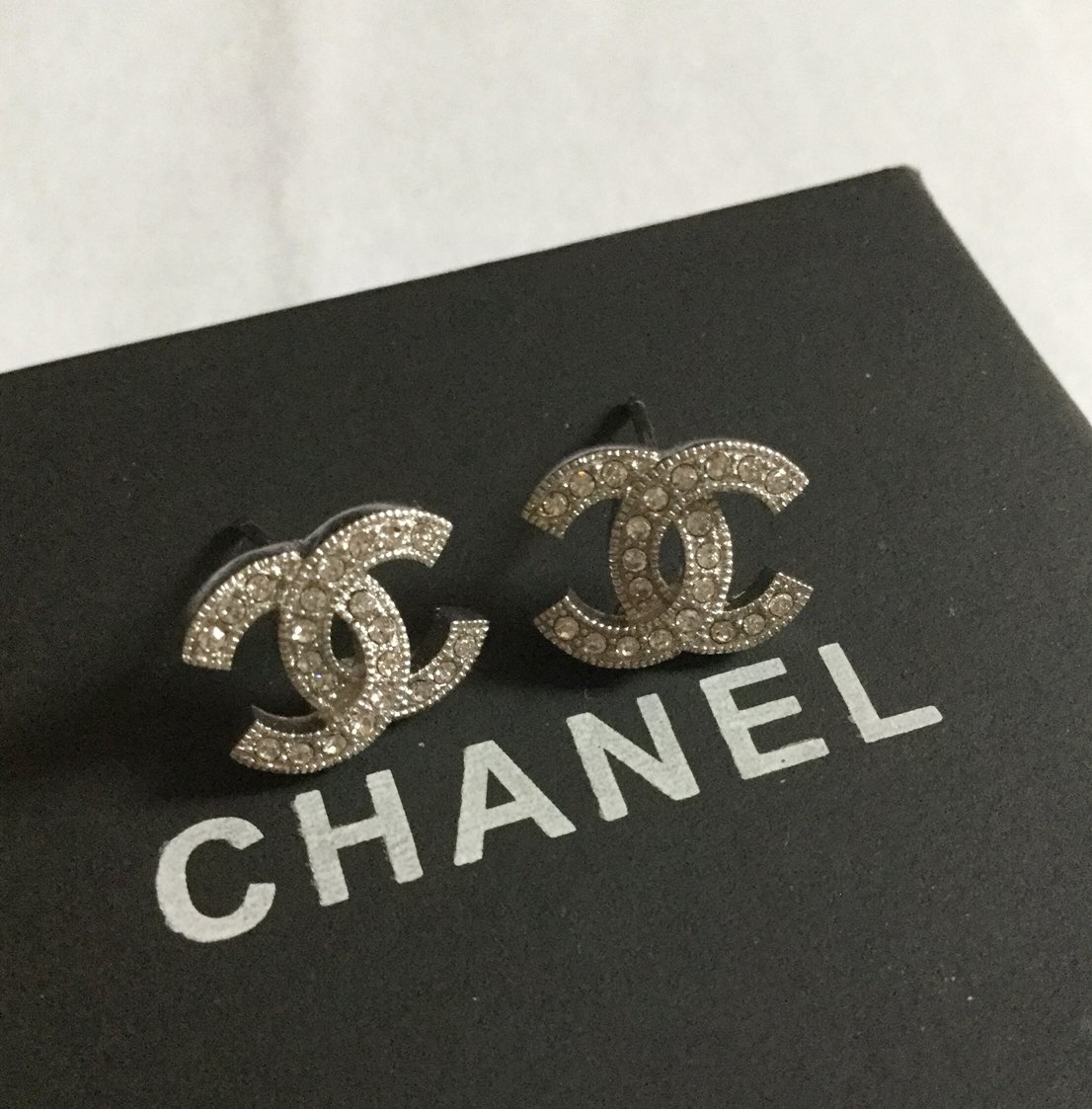 CHANEL Silver CC Mini Crystal Stud Earrings Timeless Classic Authentic NIB