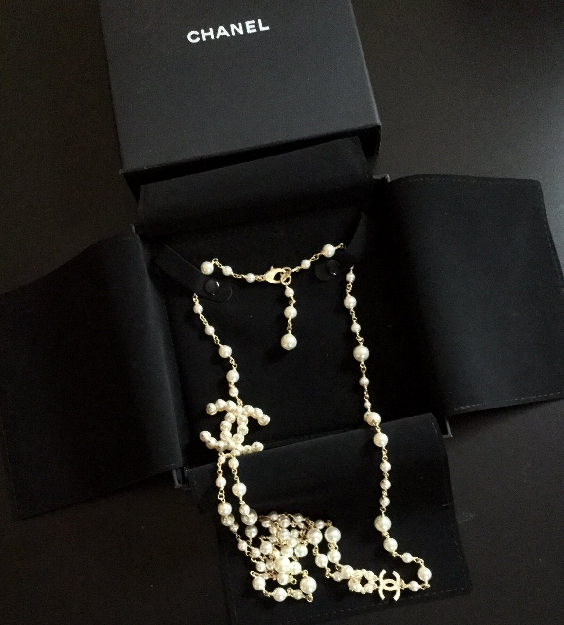 CHANEL CC Pearl Encrusted Necklace Gold Metal Double Chain 42