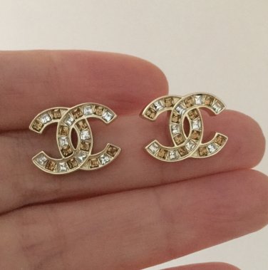 CHANEL CC Gold Stud Earrings Pale Orange Square Crystal Authentic NIB