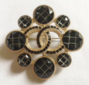 CHANEL Black Crystal Rhombus CC Gold Metal Brooch Pin 2018 NIB