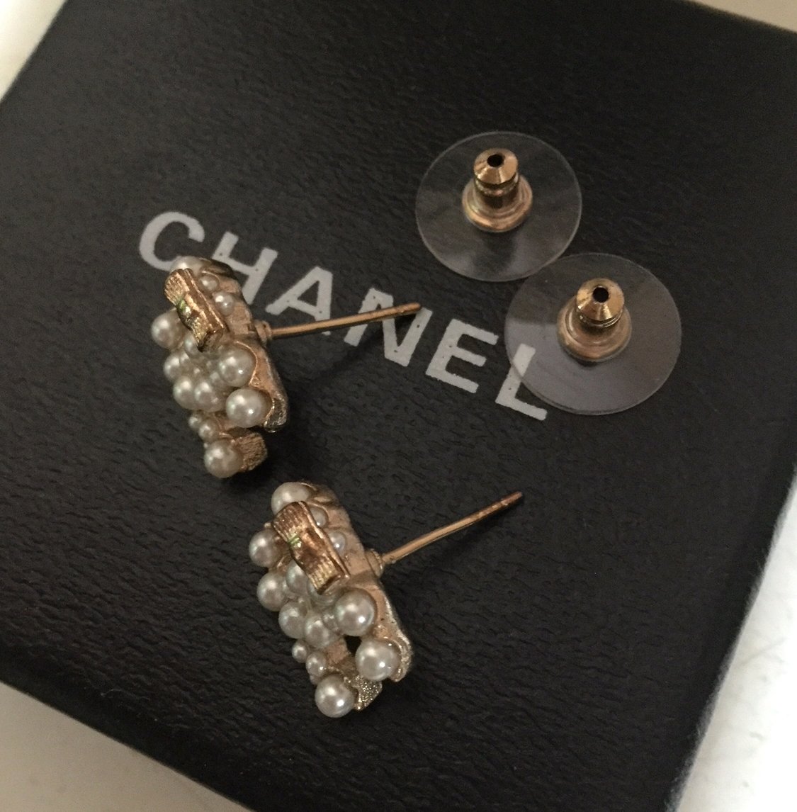 CHANEL Gold CC Stud Earrings Seed Pearl Tiny Bow Small Authentic NIB