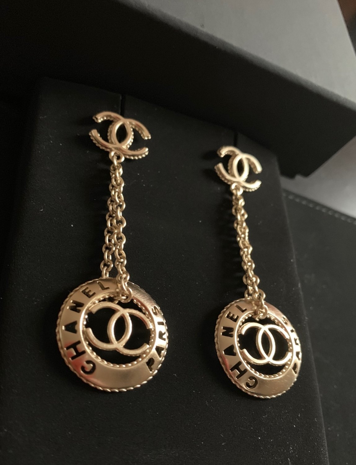 CHANEL CC Pierce Double Chain GOLD Medal Dangle Drop Earrings Authentic NIB