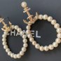 CHANEL CC Gold Crystal Anchor Pearl Hoop Dangle Pierced Earrings NIB