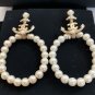 CHANEL CC Gold Crystal Anchor Pearl Hoop Dangle Pierced Earrings NIB