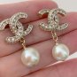 CHANEL Classic Crystal CC Stud Pearl Dangle Earrings GOLD NIB