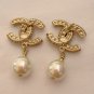 CHANEL Classic Crystal CC Stud Pearl Dangle Earrings GOLD NIB
