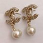 CHANEL Classic Crystal CC Stud Pearl Dangle Earrings GOLD NIB