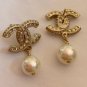 CHANEL Classic Crystal CC Stud Pearl Dangle Earrings GOLD NIB