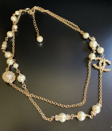 CHANEL CC Crystal Pearl Necklace Double Roll Gold Chain 2019 NIB