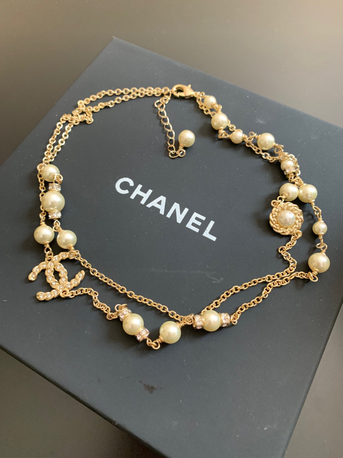 Chanel Cc Crystal Pearl Necklace Double Roll Gold Chain 2019 Nib