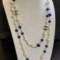CHANEL 3 CC Blue Glass Bead Pearl Necklace Silver Chain Classic 47" NIB