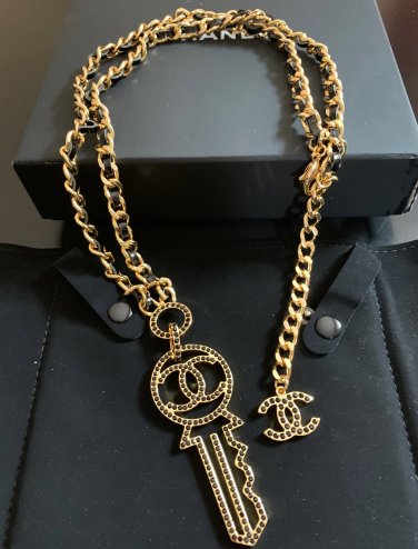 CHANEL CC Black Crystal Key Pendant Necklace Leather Gold Chain 2017 NIB