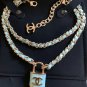 CHANEL CC Padlock Pendant Necklace Choker Green Leather Gold Chain NIB