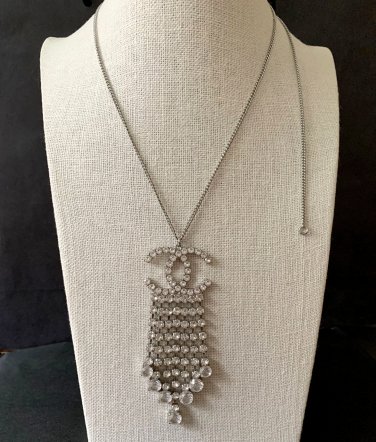 CHANEL Crystal Quartz CC Tassel Pendant Silver Chain Necklace Authentic