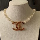 CHANEL Paris Logo CC Pendant Pearl Choker Necklace Gold Button Chain