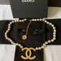 CHANEL Paris Logo CC Pendant Pearl Choker Necklace Gold Button Chain
